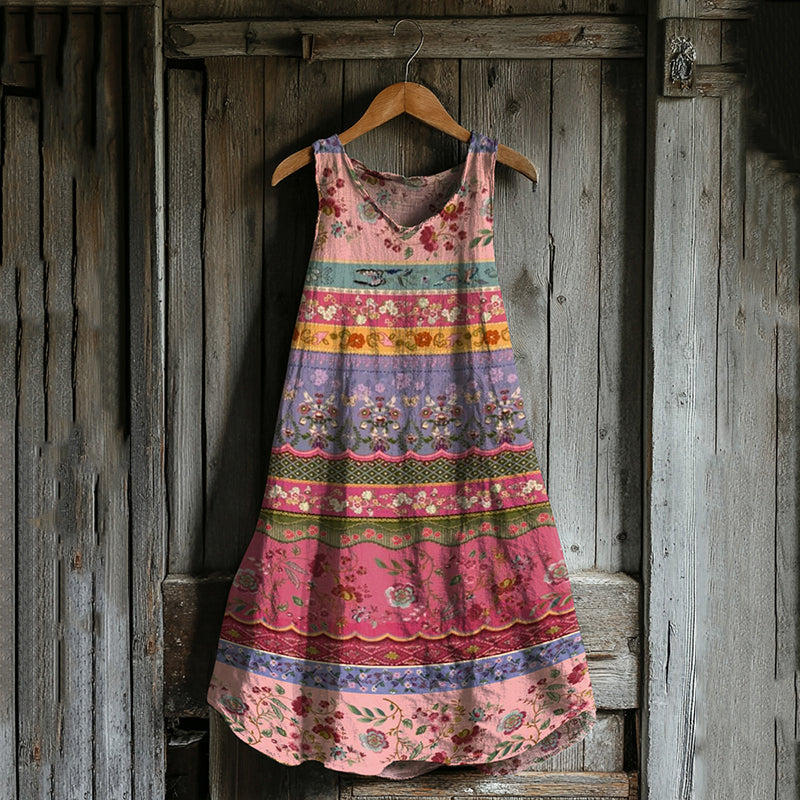 Vintage Floral Patchwork Art Linen Blend Tank Dress elevenforest