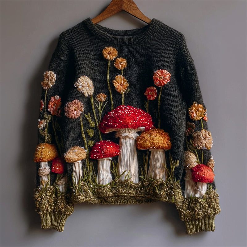 Comstylish Vintage Colorful Mushroom & Flowers Cozy Knit Sweater