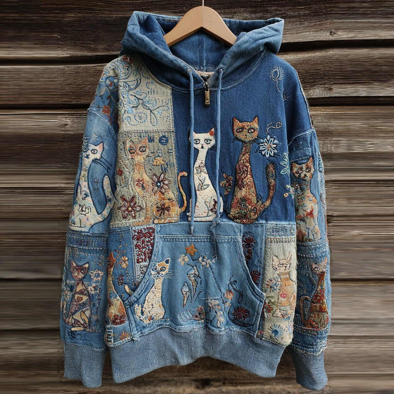 Denim Patchwork Cute Cat Bohemian Floral Print Hoodie elevenforest