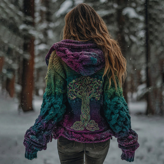Comstylish Women's Vintage Viking Tree Of Life Gradient Knit Zip-up Hooded Sweater