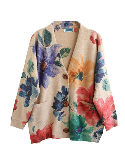 Long Sleeves Loose Buttoned Printed Contrast Color V-neck Cardigan Tops