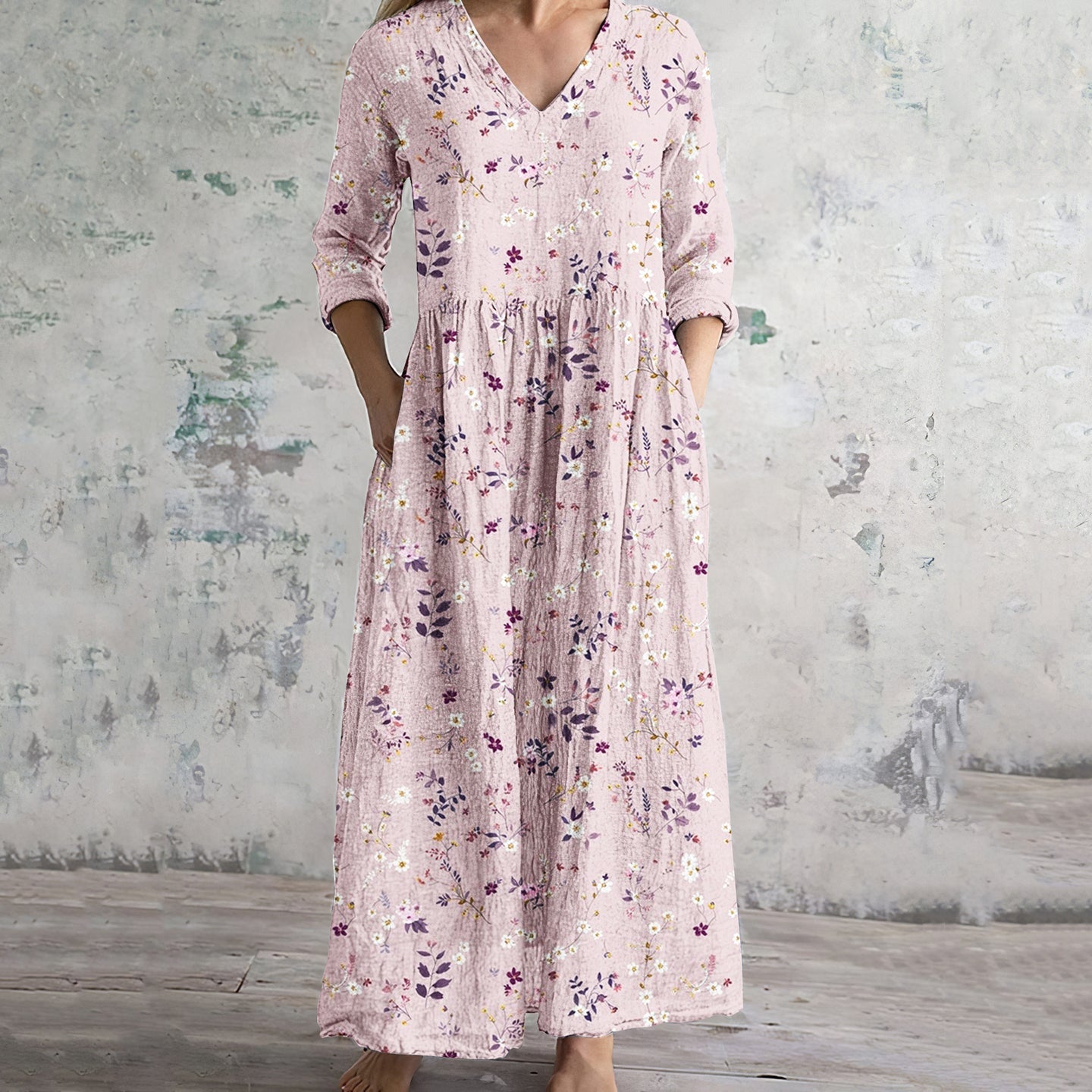 Vintage Wildflowers Floral Art V Neck Linen Blend Maxi Dress elevenforest