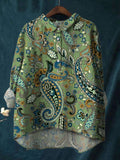 Elegant Curve Line Leaf Plant Print Cotton And Linen Shirt