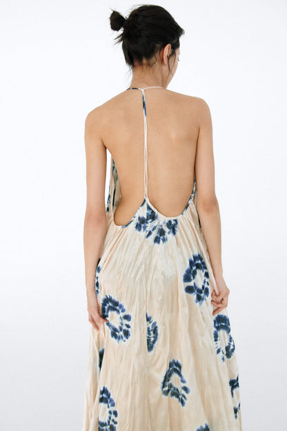 Printed Pleated V-neck Halter Neck Cami Maxi Dress