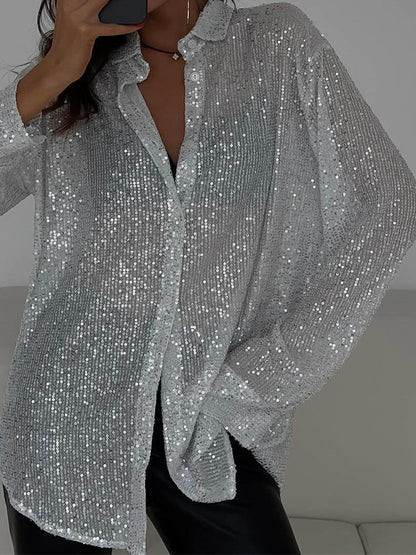 Tossy Sequin Loose Shirts Female Lapel Cardigan Summer Clothes New Outwear Glitter Party Blouse ’s