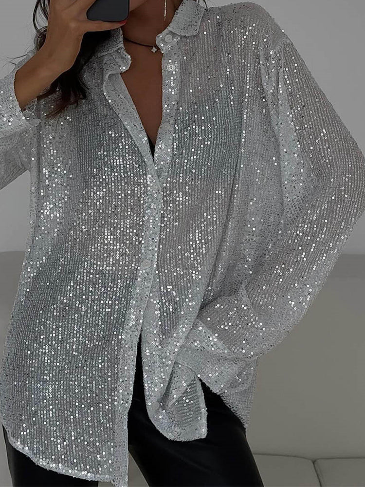 Tossy Sequin Loose Shirts Female Lapel Cardigan Summer Clothes New Outwear Glitter Party Blouse ’s