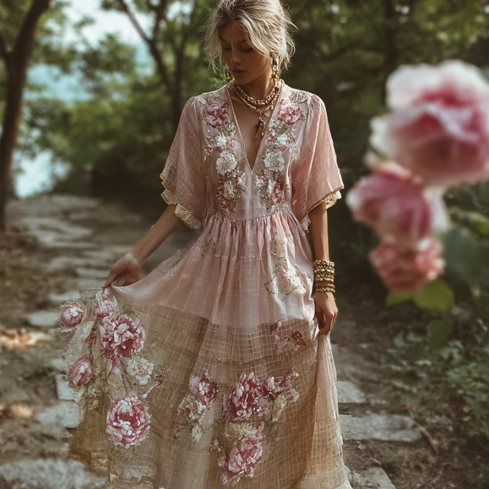 French Romantic Bohemian Style Patchwork Plaid Rose Dress elevenforest