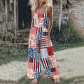 Women's Independence Day American Flag Patch Floral & Paisley Patchwork Linen Print Cotton Linen Jumpsuit elevenforest