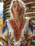 Bohemian Style Flower And Bird Pattern Women's V-neck Short-sleeved Top elevenforest