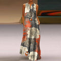Japanese Art Flower Print V-Neck Sleeveless Maxi Dress elevenforest