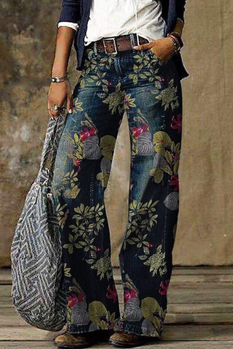 Print Patchwork Mid Waist Boot Cut Denim Jeans(5 Colors)