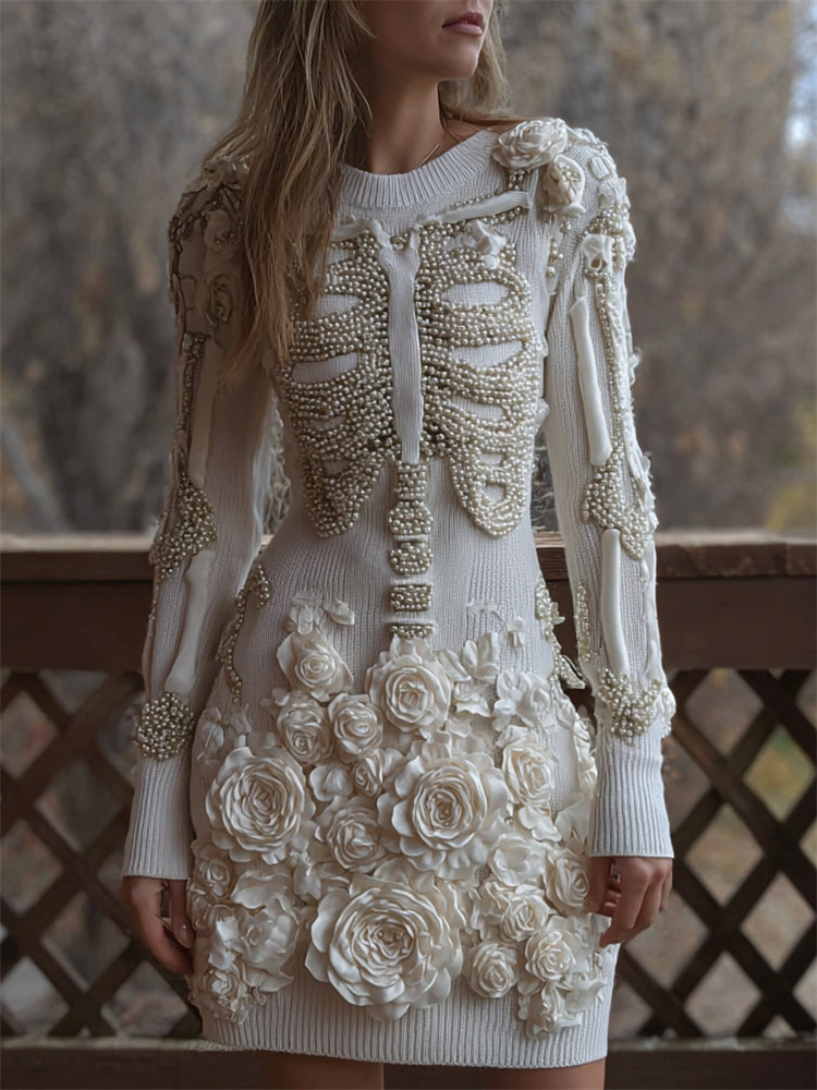 Comstylish Classy Skeleton White Roses Pearls Beaded Cozy Knit Sweater Dress