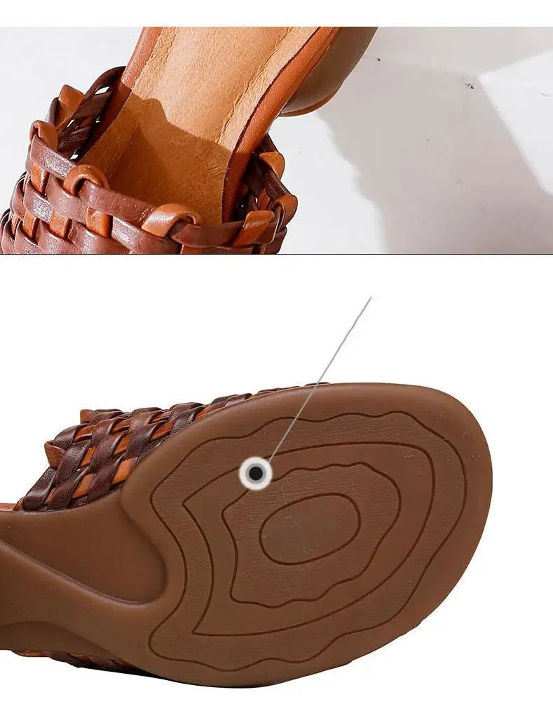 Leather Woven Slippers Wide Mules for
