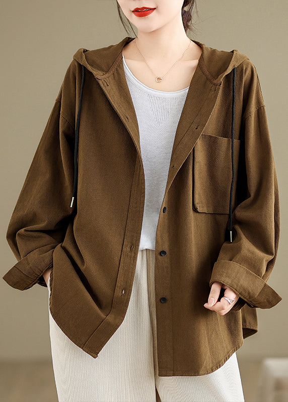 Brick Red Hooded Pockets Cotton Coat Fall