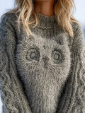Comstylish Lovely Fuzzy Cat Embroidered Crew Neck Cozy Sweater