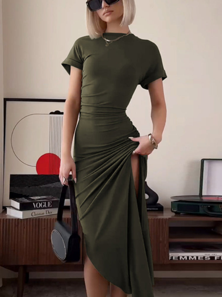 ’s O Neck Maxi Dress Short Sleeve Slim High Waist Dress Side Slit Evening Club Bodycon Dress Lady