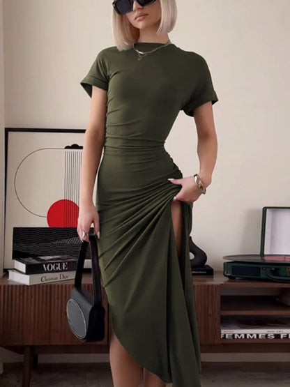 ’s O Neck Maxi Dress Short Sleeve Slim High Waist Dress Side Slit Evening Club Bodycon Dress Lady