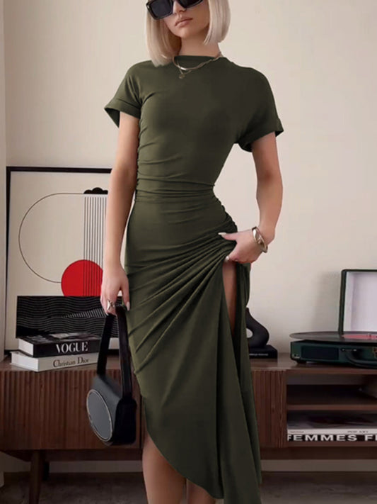 ’s O Neck Maxi Dress Short Sleeve Slim High Waist Dress Side Slit Evening Club Bodycon Dress Lady