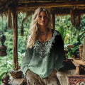 Retro Bohemian Resort Floral Gradient Pattern Art Embroidery Cotton And Linen Blend Loose Blouse elevenforest