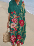 Japanese Traditional Floral Art Print Linen Blend Dress