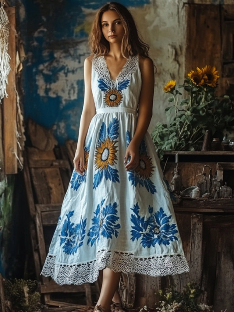 Boho Sunflower Embroidered Pattern Art Lace Linen Dress elevenforest