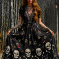 Ladies' Vintage V-neck Long Dress With Skull And Flower Print elevenforest