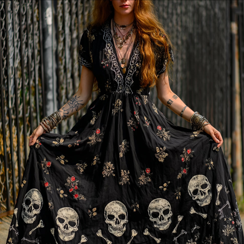 Ladies' Vintage V-neck Long Dress With Skull And Flower Print elevenforest