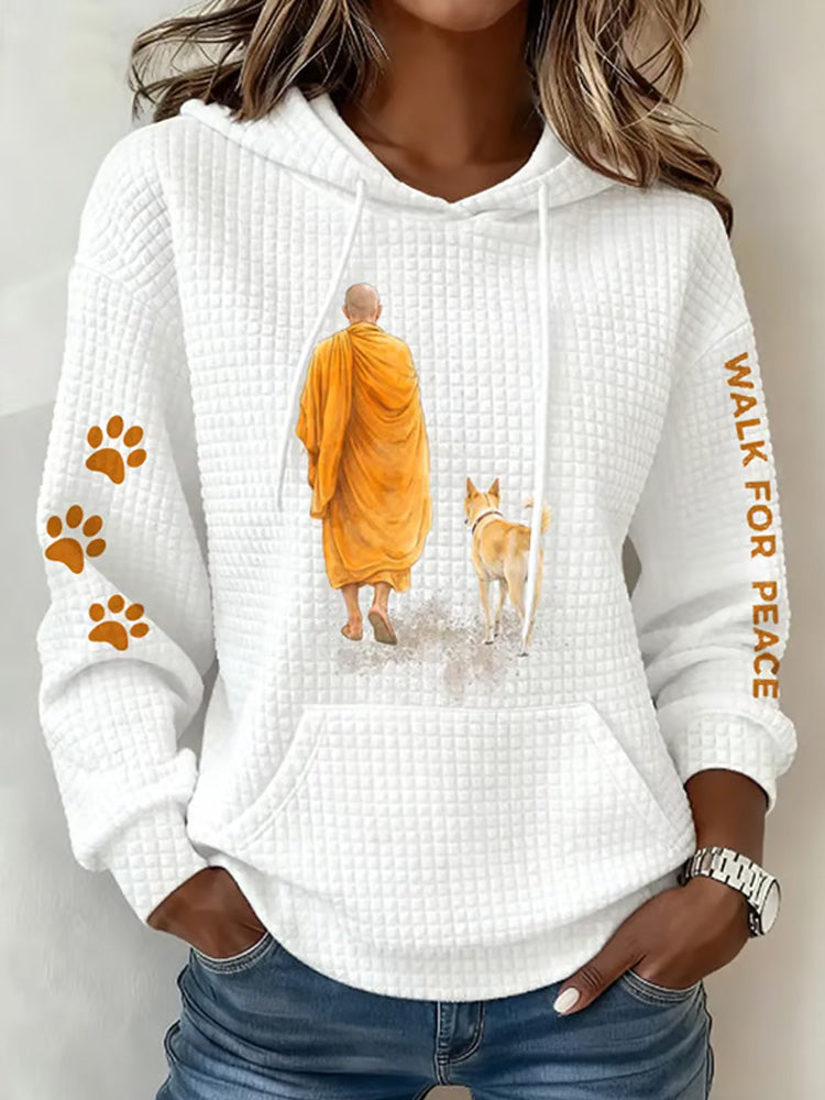 Comstylish Monks' Peace Walk Print Casual Hooded Sweatshirt