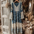 Vintage Japanese Traditional Sashiko With Lace Art Pattern Linen Blend Maxi Dress elevenforest
