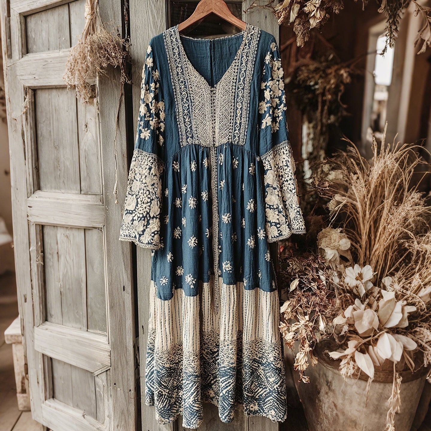 Vintage Japanese Traditional Sashiko With Lace Art Pattern Linen Blend Maxi Dress elevenforest