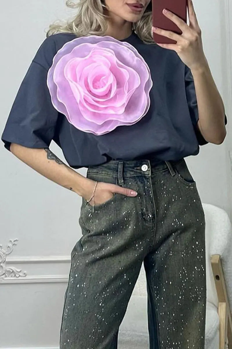 Sweet Flowers O Neck T-shirts(4 Colors)