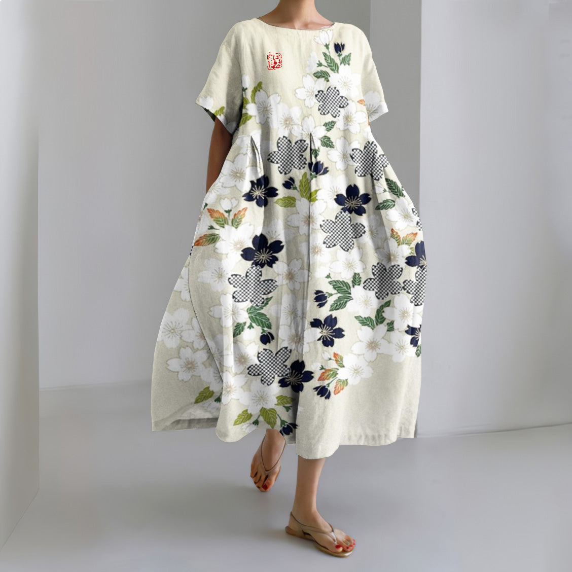 Japanese Art Sakura Print Round Neck Short Sleeve Midi Dress elevenforest