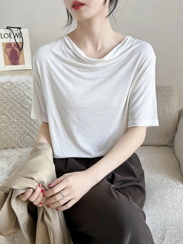 Short Sleeves Pleated Color Heaps Collar T-shirts Tops