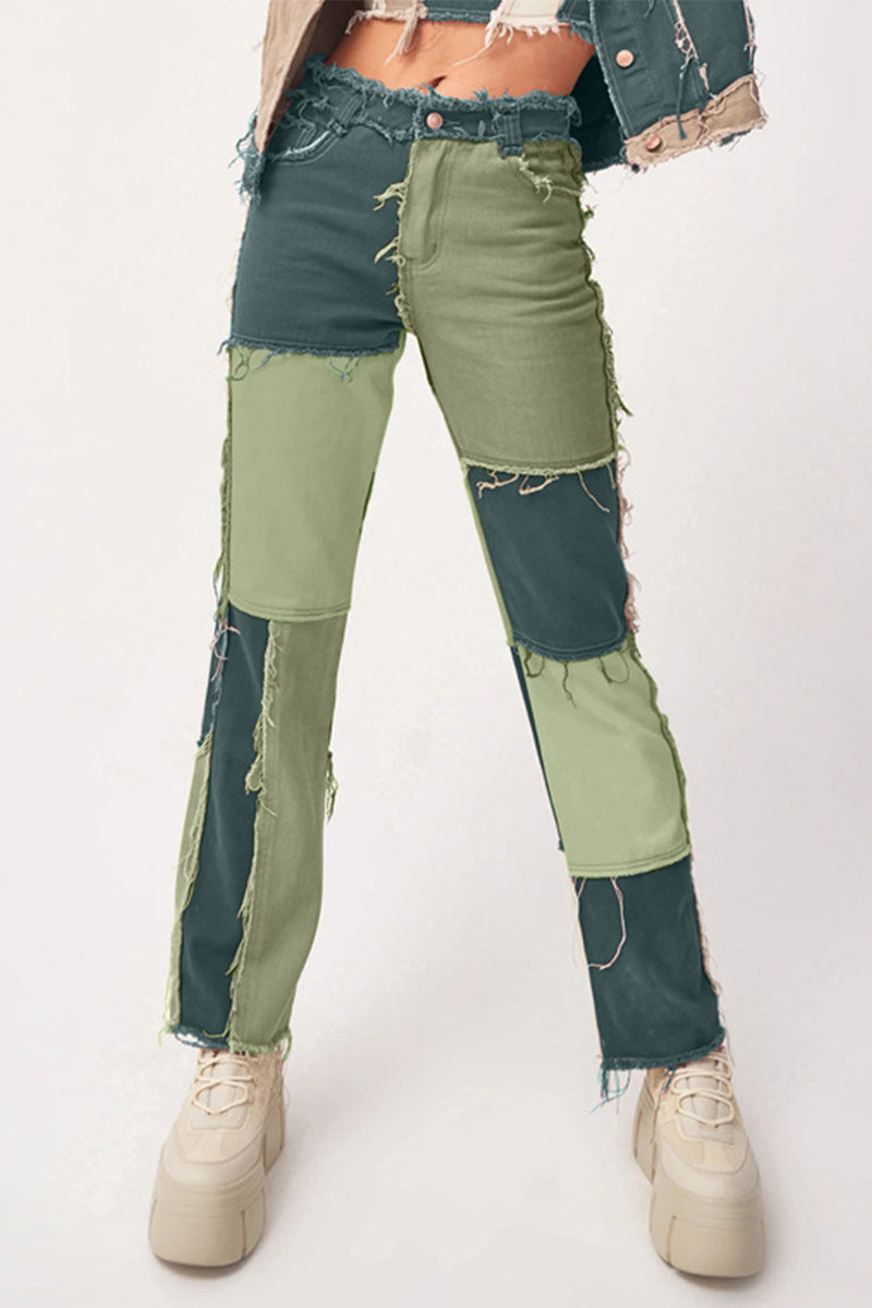 Color Block Patch Contrast Mid Waist Regular Denim Jeans(6 Colors)