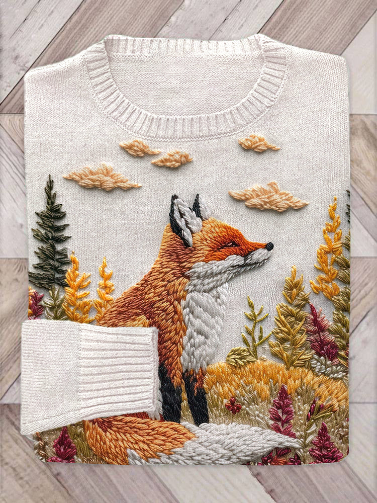 Fox Landscape Embroidery Pattern Cozy Knit Sweater artswardrobe