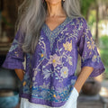 Vintage Floral Embroidery Linen Art V-neck Shirt elevenforest
