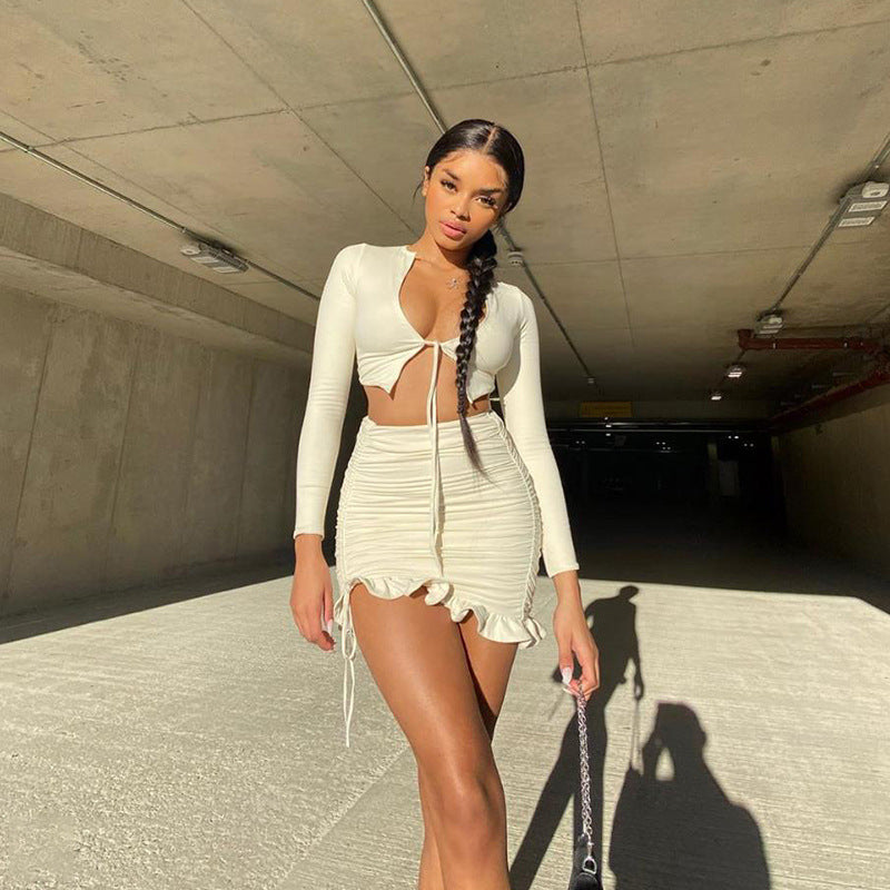 Autumn Winter Clothing Long Sleeve Tied Cardigan High Waist Sheath Skirt Suit
