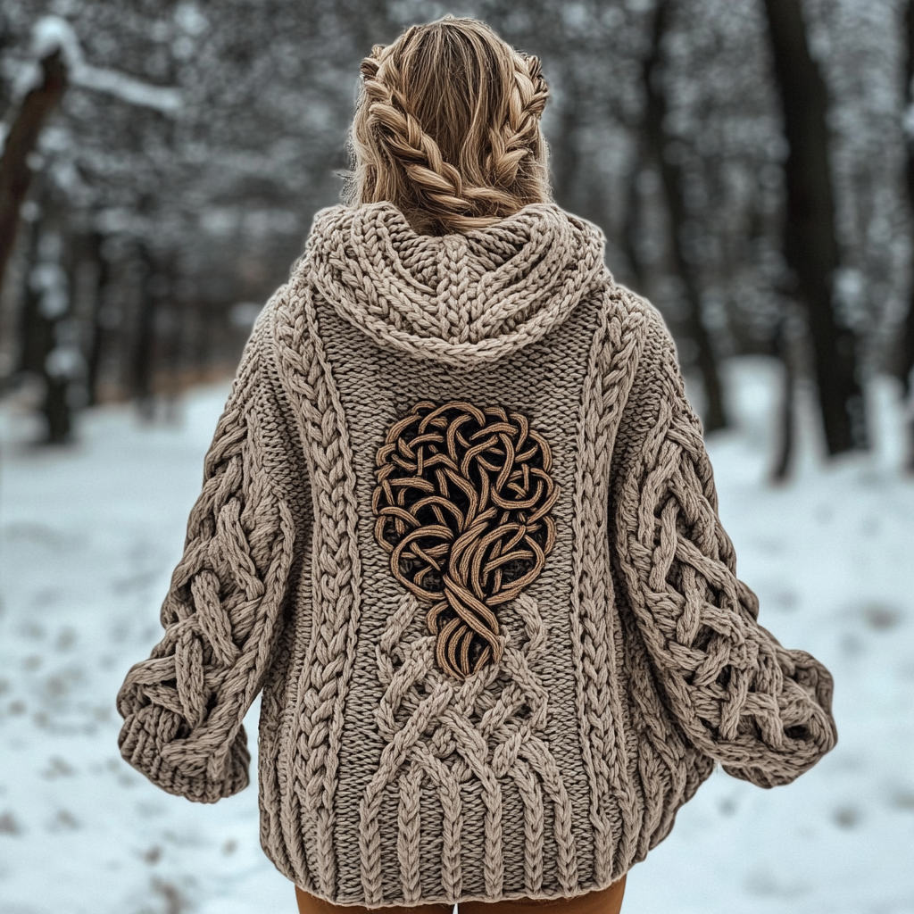 Women's Viking Tribal Tree Of Life Celtic Chunky Knit Hooded Sweater elevenforest