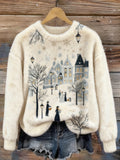 Comstylish Christmas Season Snowy Village Scenery Cozy Plush Sweater