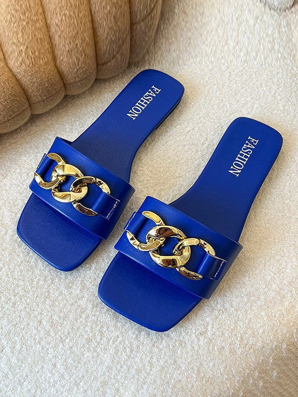 Chains Open Toe Split-joint Square-toe Slippers