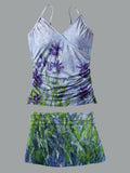 V-Neck Vintage Floral Print Suspender Skirt Tankini Pantskirt Set Swimsuit