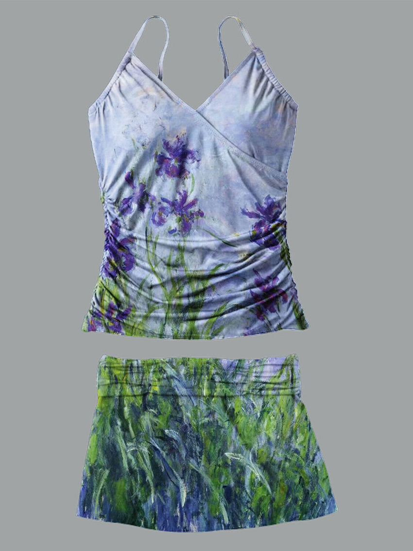 V-Neck Vintage Floral Print Suspender Skirt Tankini Pantskirt Set Swimsuit