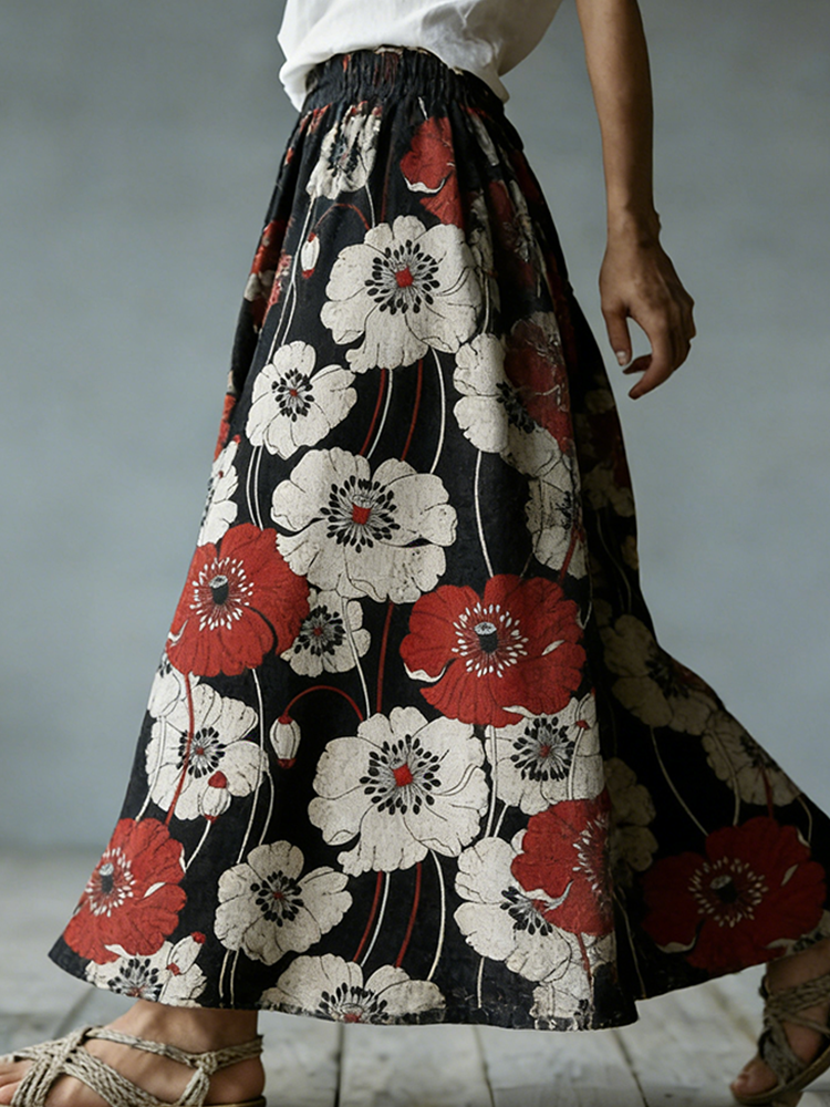Comstylish Japanese Art Retro Style Plant Flower Print Women's Half-length Dress