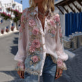 Women's Vintage Floral Embroidery Art Linen Blend Shirt elevenforest