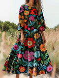 Women's Vintage Ethnic Bohemian Floral Print Flowy Cotton Crew Neck Dr