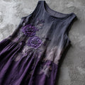 Vintage Purple Roses Embroidered Gradient Linen Midi Dress elevenforest