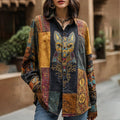 Women's Vintage Ancient Egyptian Cat Patchwork Lapel Linen Blend Shirt elevenforest