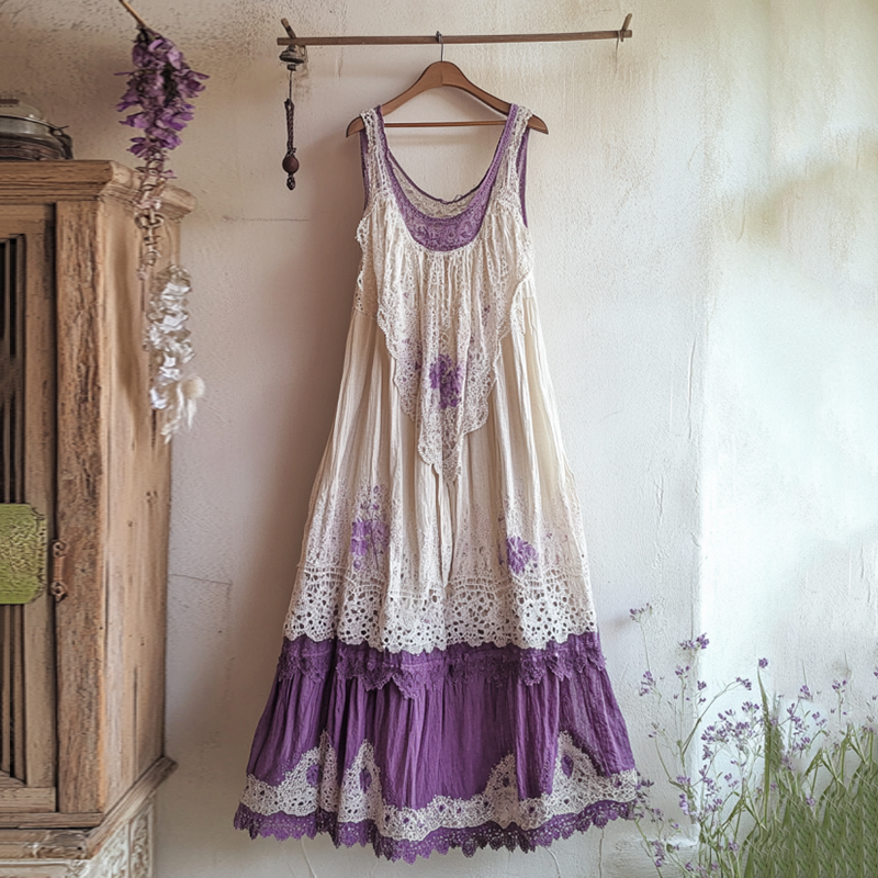 Boho Gradient Lavender Embroidered Pattern Lace Linen Dress elevenforest