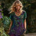Women's Vintage Rose Floral Gradient Pattern V-neck T-shirt elevenforest