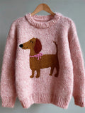 Comstylish Vintage Lovely Dachshund With Pink Tie Cozy Knit Sweater
